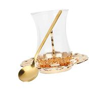 BAZEITFLOW Vintage Glass Tea Cup with Spoon and Saucer Hand Blown Thermal Shock Resistant Glass European Style for Coffee Milk Tea Hot Drinks at Home and Restaurant Gold Trimmed