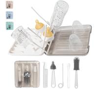 Bazeline Creations 7-in-1 Baby Bottle Cleaning Set: Silicone Bottle & Nipple Brushes, Drying Rack, Straw Brush, Soap Dispenser, Spoon, Storage Box - Essential Portable Home & Travel Set (Grey)