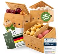 Bazeline Creations® Sustainable Bamboo Trio Potato Storage Box [Set of 3] with Lid, Onion & Garlic Storage, Environmentally Friendly Kitchen with Ventilation Holes (Brown)