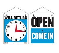 BAZIC 7.5" X 9" Open Sign, Clock Will Return Will be Back, Double Sides Plastic Vinyl Signs, Business Store Office Door Window Restaurants Bars Retail Salon Shops, Waterproof Indoor Outdoor, 1-Pack