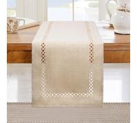 BAZIOE Modern Table Runner Beige Linen Table Runner Washable Openwork Design Ideal for Holiday Party Decoration, Dining Table, Restaurant, Christmas Party
