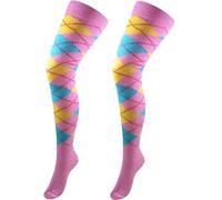 BB Accessories Turquoise Pink & Yellow Argyle Over The Knee Cotton Socks Golfer Checked Dress Up Size 4-5.5