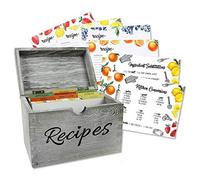BB BAKING & BEYOND Recipe Box, Rustic Pinewood Storage Box with 100 Recipe Cards, 9 Dividers, Vintage Style, Gray - 7x5.3x4 inches