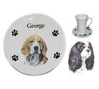(BB) Bone China Tri Colour Cavalier King Charles Spaniel Coaster Personalised With A Name Of Your Choice 5.5" Plaque