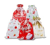 BB FUN HOUSE 10pcs Medium Christmas Drawstring Gift Bags Set, Assorted Holiday Present Wrapping Colorful Decorations for Xmas Party Favors