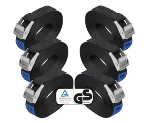 BB Sport Tie Down Straps Lashing Buckle Black 250 kg 6 pieces 2,5cmx6m | Tension Belt, TÜV, Heavy Duty, Shipping, Tiedown, Cargo Securing, Load Straps, DIN EN 12195-2, Polyester