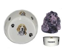 (BB22) Bone China Personalised Black Cocker Spaniel dog food/water pet bowl decorated with PAWPRINTS AND BONES, Personalised with name of your choice- Many dog breeds available. Fun, colourful, new pet bowls.