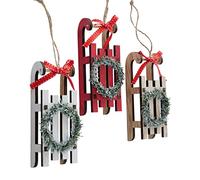 BB833 Christmas Tree Decoration Sleigh Red Brown White Pendant 13 x 4 cm Wooden Sledge Tree Decoration Nostalgia Alpine Winter Skiing Chirst Tree Decoration Hanger Pack of 3