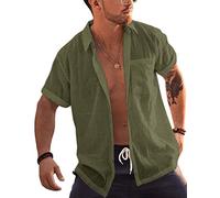 Bbalizko Mens Short Sleeve Button Up Shirts Linen Cotton Beach Tops Spread Collar Plain Summer T Shirt with Pocket, Army Green, XXXL