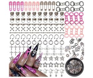 BBATT-HAPPY 144PCS Nail Charms for Acrylic Nails,Silver Star Planet Cross Punk Door Handle Pin Handcuffs Mechanical Parts Alloy Nail Art Accessories,Nail Jewels for Nail Art Supplies Craft DIY, Mix