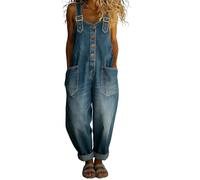 bbetqgh Denim Dungarees for Women UK Womens Jumpsuits Summer Baggy Straight Leg Stretch Retro Elasticity Bib Sleeveless Overalls Vintage Adjustable Straps Plus Size Work Jump Suit with Pockets