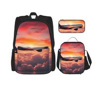 BBEXJIGY Airplane Sunsets Sky Print 3-in-1 Waterproof Oxford Backpack Bundle & Lunch Bag & Pencil Pouch & Daily Use, Black, One Size