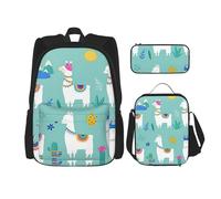 BBEXJIGY Alpaca Llama Print 3-in-1 Waterproof Oxford Backpack Bundle & Lunch Bag & Pencil Pouch & Daily Use, Black, One Size