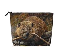 BBEXJIGY beaver working Print Single Layer Fake Linen Like Makeup Bag Stylish Practical Organizer for Cosmetics, Black, One Size