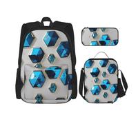 BBEXJIGY Blue Hexagons and Diamonds Print 3-in-1 Waterproof Oxford Backpack Bundle & Lunch Bag & Pencil Pouch & Daily Use, Black, One Size