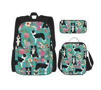 BBEXJIGY Border Collie Florals Print 3-in-1 Waterproof Oxford Backpack Bundle & Lunch Bag & Pencil Pouch & Daily Use, Black, One Size