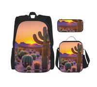BBEXJIGY Cactus Desert Sunsets Print 3-in-1 Waterproof Oxford Backpack Bundle & Lunch Bag & Pencil Pouch & Daily Use, Black, One Size