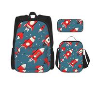 BBEXJIGY Cartoon Rockets Print 3-in-1 Waterproof Oxford Backpack Bundle & Lunch Bag & Pencil Pouch & Daily Use, Black, One Size