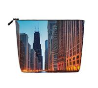 BBEXJIGY Chicago Illinois Usa Print Single Layer Fake Linen Like Makeup Bag Stylish Practical Organizer for Cosmetics, Black, One Size
