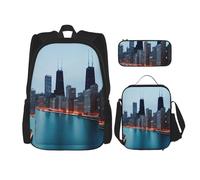 BBEXJIGY Chicago Print 3-in-1 Waterproof Oxford Backpack Bundle & Lunch Bag & Pencil Pouch & Daily Use, Black, One Size