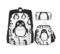 BBEXJIGY Cute Penguin Print 3-in-1 Waterproof Oxford Backpack Bundle & Lunch Bag & Pencil Pouch & Daily Use, Black, One Size
