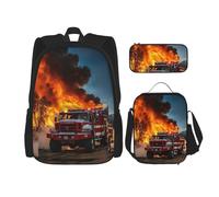 BBEXJIGY Firefighter Fireman Flame Print 3-in-1 Waterproof Oxford Backpack Bundle & Lunch Bag & Pencil Pouch & Daily Use, Black, One Size
