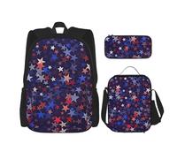 BBEXJIGY Red Blue Stars American Print 3-in-1 Waterproof Oxford Backpack Bundle & Lunch Bag & Pencil Pouch & Daily Use, Black, One Size