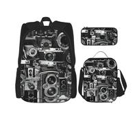 BBEXJIGY Retro Cool Camera Collection Print 3-in-1 Waterproof Oxford Backpack Bundle & Lunch Bag & Pencil Pouch & Daily Use, Black, One Size