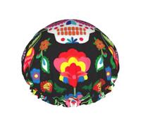 BBEXJIGY Sugar and Skulls and Flowers Print Double Layer Shower Cap Reusable Shower Caps for Women Men