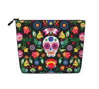 BBEXJIGY Sugar and Skulls and Flowers Print Single Layer Fake Linen Like Makeup Bag Stylish Practical Organizer for Cosmetics, Black, One Size