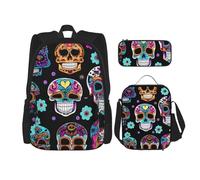BBEXJIGY Sugar Skull Print 3-in-1 Waterproof Oxford Backpack Bundle & Lunch Bag & Pencil Pouch & Daily Use, Black, One Size