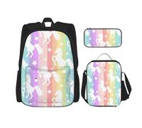 BBEXJIGY Unicorns On Colorful Stripes Print 3-in-1 Waterproof Oxford Backpack Bundle & Lunch Bag & Pencil Pouch & Daily Use, Black, One Size