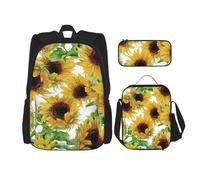 BBEXJIGY Yellow Sunflowers Print 3-in-1 Waterproof Oxford Backpack Bundle & Lunch Bag & Pencil Pouch & Daily Use, Black, One Size