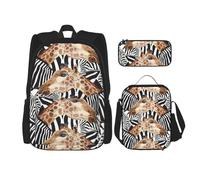 BBEXJIGY Zebra and Giraffe Print 3-in-1 Waterproof Oxford Backpack Bundle & Lunch Bag & Pencil Pouch & Daily Use, Black, One Size