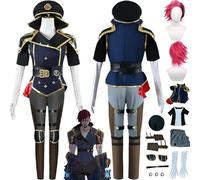 bbganlian Anime Arcane Season 2 Vi Cosplay Costume Outfit Role Play Caitlyn Blue Uniform Full Set Halloween Party Carnival Dress Up Suit with Hat Wig Ear Clip for Women (XL)