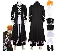bbganlian Anime B'leach Kurosaki Ichigo Cosplay Costume Outfit Role Play Uniform Black Cloak Full Set Halloween Party Carnival Dress Up Suit with Wig for Men (L)