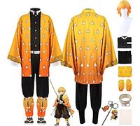 bbganlian Anime Character Agatsuma Zenitsu Cosplay Costume Outfit Demon Slayer Uniform Yellow Cloak Full Set Halloween Party Carnival Dress Up Suit with Wig Keychain for Men (S)