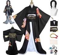 bbganlian Anime Character Kibutsuji Muzan Cosplay Costume Outfit Demon Slayer Uniform Full Set Halloween Carnival Party Dress Up Suit with Headdress Wig Keychain for Women (XS)