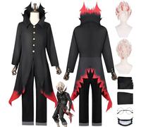 bbganlian Anime Dandadan Ken Takakura New Skin Cosplay Costume Outfit Role Play Black Uniform Full Set Halloween Party Carnival Dress Up Suit with Wig Glasses Mask for Men (L)