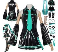 bbganlian Anime H'atsune M'iku Cosplay Costume Outfit Vocaloid Role Play Uniform Full Set Halloween Carnival Party Dress Up Suit with Headdress Wig Glasses Ear clip for Women (XS)