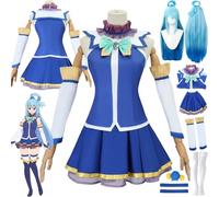 bbganlian Anime KonoSuba God's Blessing On This Wonderful World Cosplay Costume Outfit Aqua Uniform Full Set Halloween Carnival Party Dress Up Suit with Wig Headdress for Women (XXL)