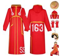 bbganlian Anime One Piece Egghead Island Monkey D Luffy Cosplay Costume Outfit Role Paly Red Uniform Full Set Halloween Party Carnival Dress Up Suit with Hat Keychain for Men (L)