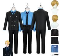 bbganlian Anime One Piece Sanji Cosplay Costume Outfit Monkey D. Luffy Role Play Black Uniform Full Set Halloween Party Carnival Dress Up Suit With Wig for Men (L)