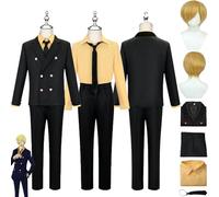 bbganlian Anime One Piece Sanji Cosplay Costume Outfit Monkey D. Luffy Uniform Black Coat Full Set Halloween Carnival Party Dress Up Suit With Wig for Men (L)