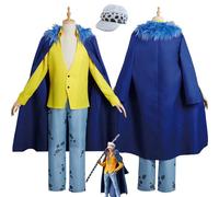 bbganlian Anime One Piece Trafalgar D Water Law Cosplay Costume Outfit Role Paly Uniform Blue Cape Full Set Halloween Carnival Party Dress Up Suit with Hat for Men Boys (L)