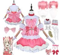 bbganlian Anime Puella Magi Madoka Magica Kaname Modoka Cosplay Costume Outfit Pink Uniform Dresses Full Set Halloween Party Dress Up Suit with Headdress Wig for Women Girls (XS)