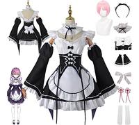 bbganlian Anime Ram Rem Cosplay Costume Outfit Re Life In A Different World From Zero Maid Dresses Uniform Full Set Halloween Carnival Party Dress Up Suit with Wig for Women (L)