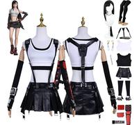 bbganlian Game Final Fantasy VII Remake Tifa Lockhart Cosplay Costume Outfit Black Uniform Full Set Halloween Carnival Dress Up Suit with Wig Headdress Earrings for Women Girls (S)
