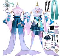 bbganlian Game O'nmyoji Linkage Miku Cosplay Costume Outfit H'atsune M'iku Uniform Dresses Full Set Halloween Carnival Party Dress Up Suit with Headdress Wig for Women Girls (M)