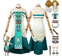 bbganlian Game Tears of the Kingdom Zelda Princess Cosplay Costume Outfit Uniform Full Set Halloween Party Carnival Dress Up Suit with Headdress False Ear Earrings Wig for Women (L)